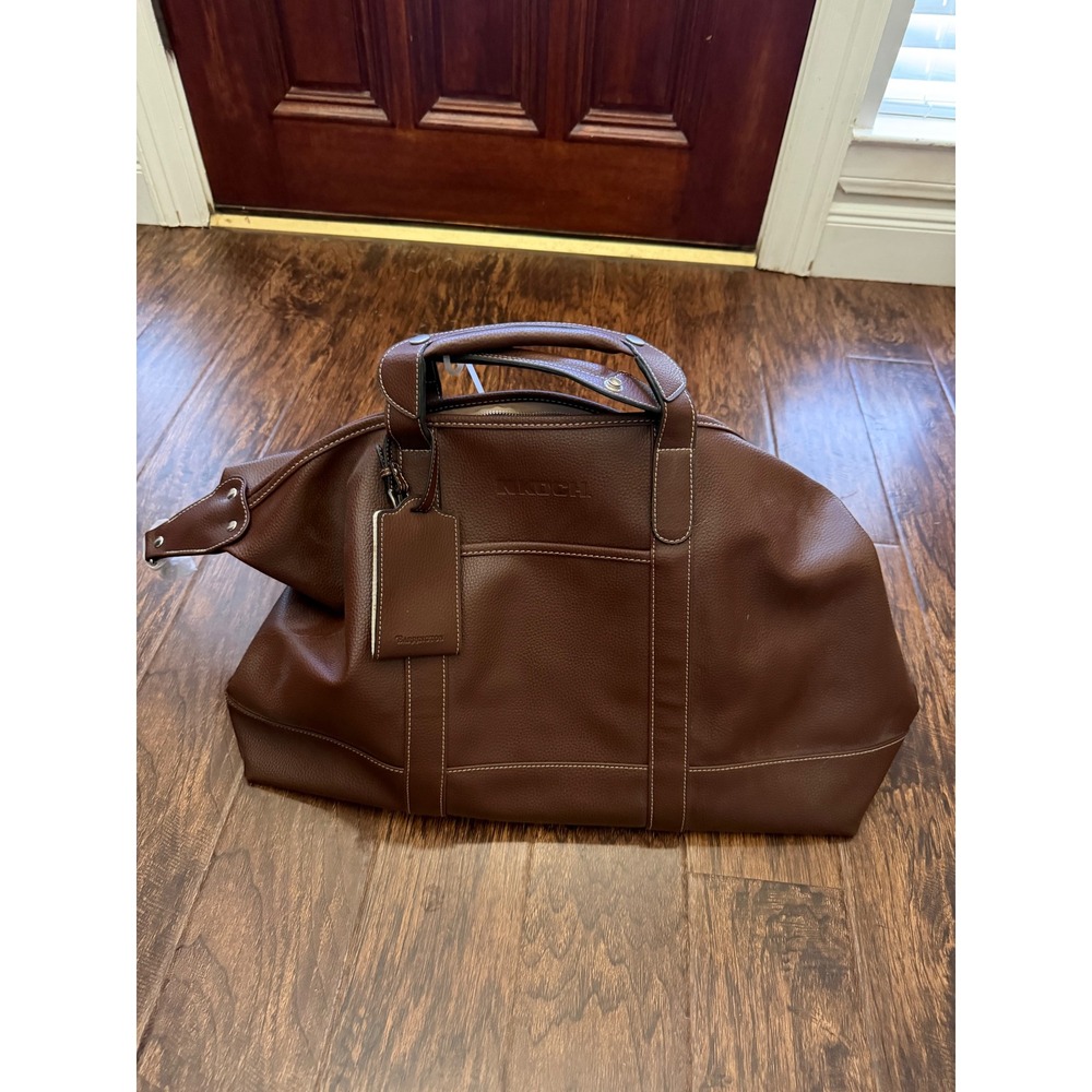 Barrington Koch Brown Pebble Leather Duffel Bag Weekender Travel Luggage Tag